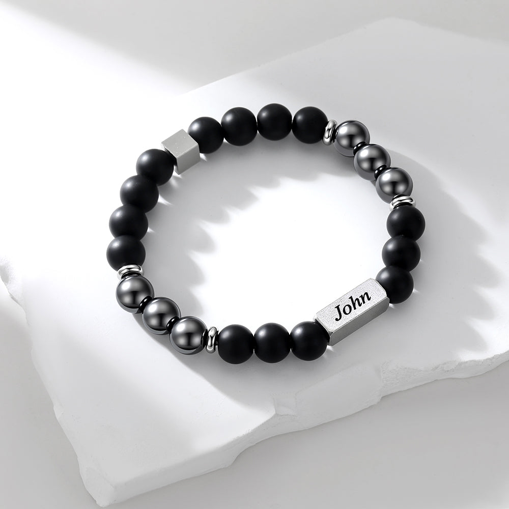 Personalized Magnetic Hematite Beaded Bracelet for Men on a white background