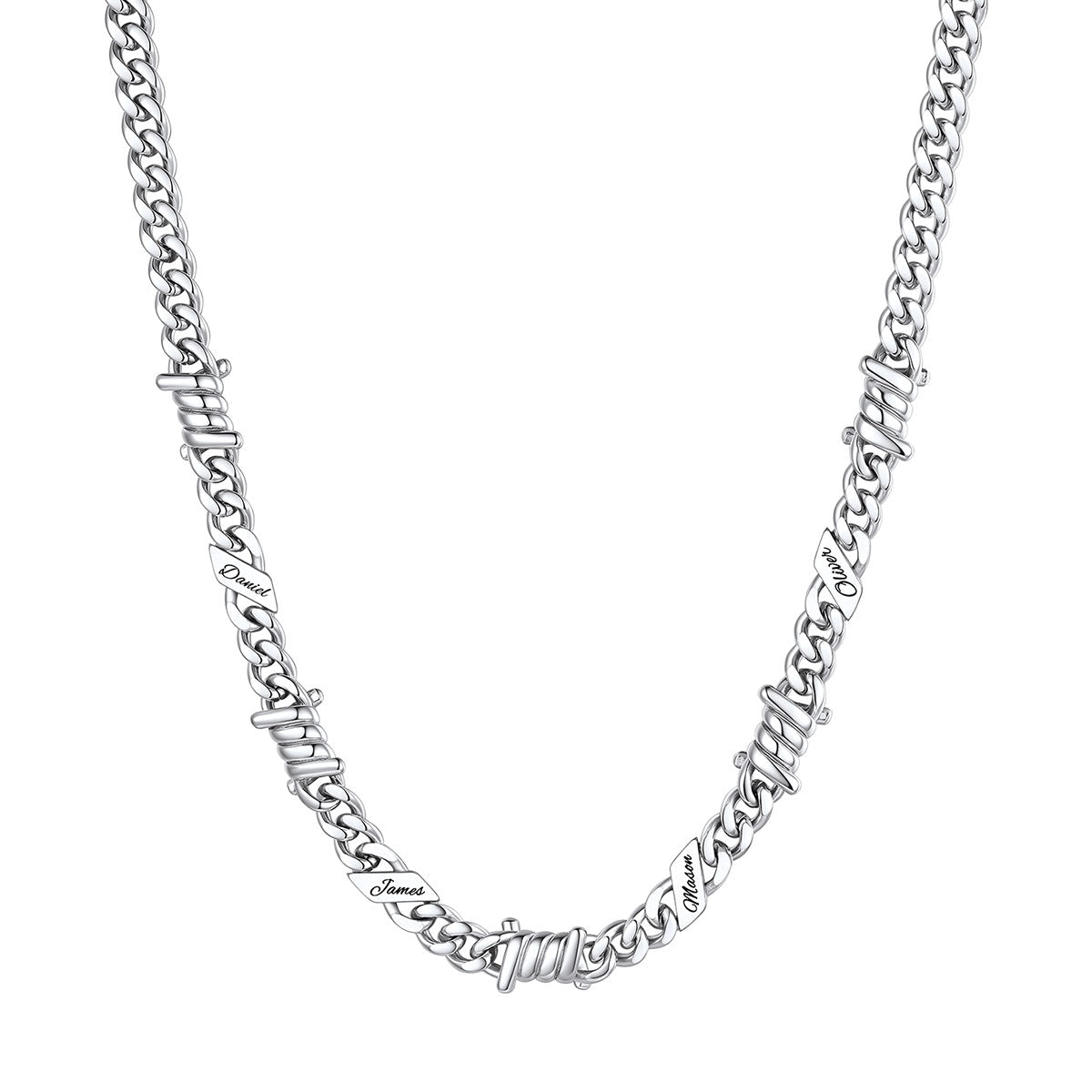 Personalized Multi-Name Barbed Wire Cuban Link Necklace 5/7/9MM on a white background