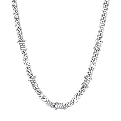 Personalized Multi-Name Barbed Wire Cuban Link Necklace 5/7/9MM on a white background