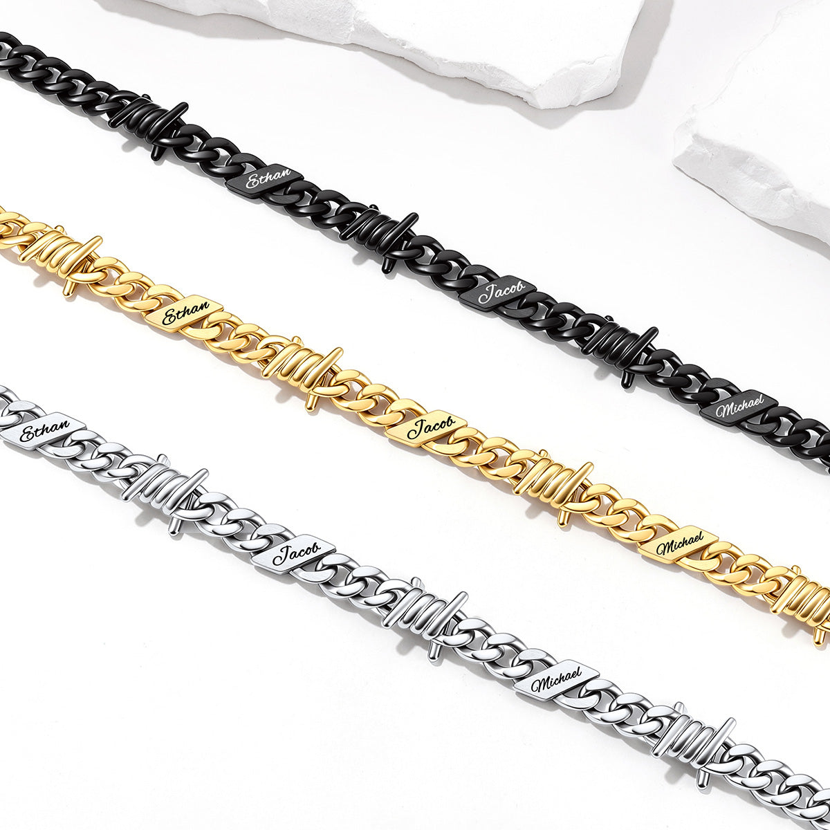 Personalized Multi-Name Barbed Wire Cuban Link Necklace in different color on a white background