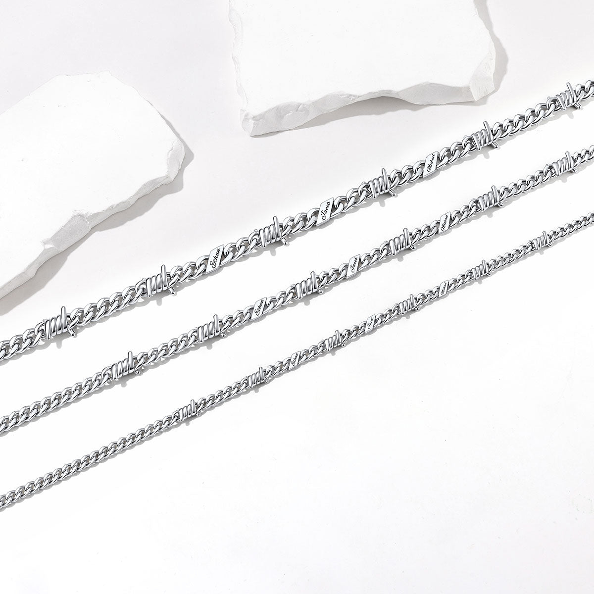 Personalized Multi-Name Barbed Wire Cuban Link Necklace in different size on a white background