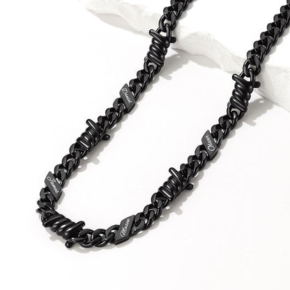 Personalized Multi-Name Barbed Wire Cuban Link Necklace on a white background Black Plated