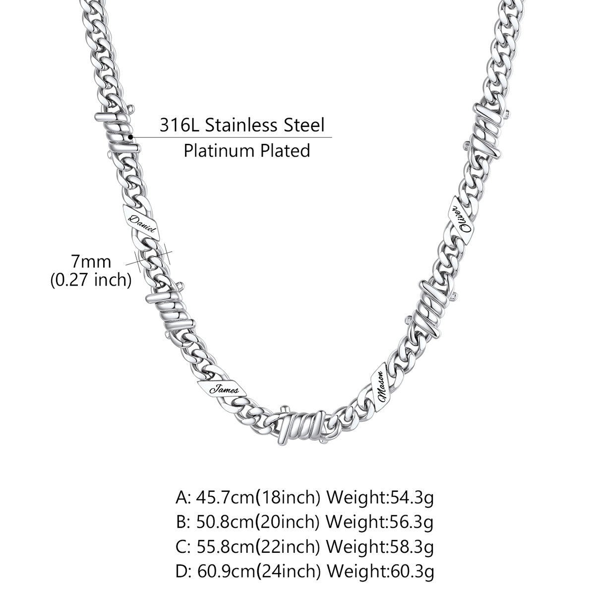 Personalized Multi-Name Barbed Wire Cuban Link Necklace on a white background Dimension, Durable