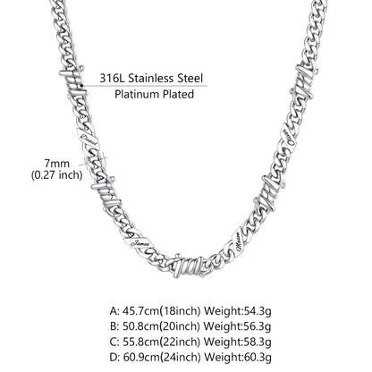 Personalized Multi-Name Barbed Wire Cuban Link Necklace on a white background Dimension, Durable