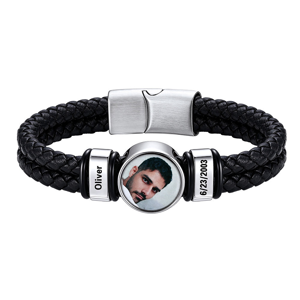 Personalized Multi-Name Photo Double Layer Leather Bracelet for Men on a white background