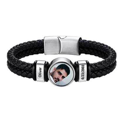 Personalized Multi-Name Photo Double Layer Leather Bracelet for Men on a white background