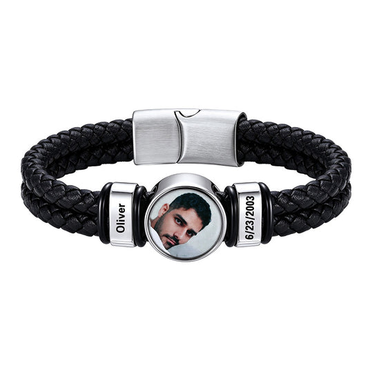 Personalized Multi-Name Photo Double Layer Leather Bracelet for Men on a white background
