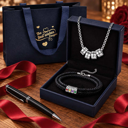 Personalized Multi Name Necklace and Birthstone Leather Bracelet Set