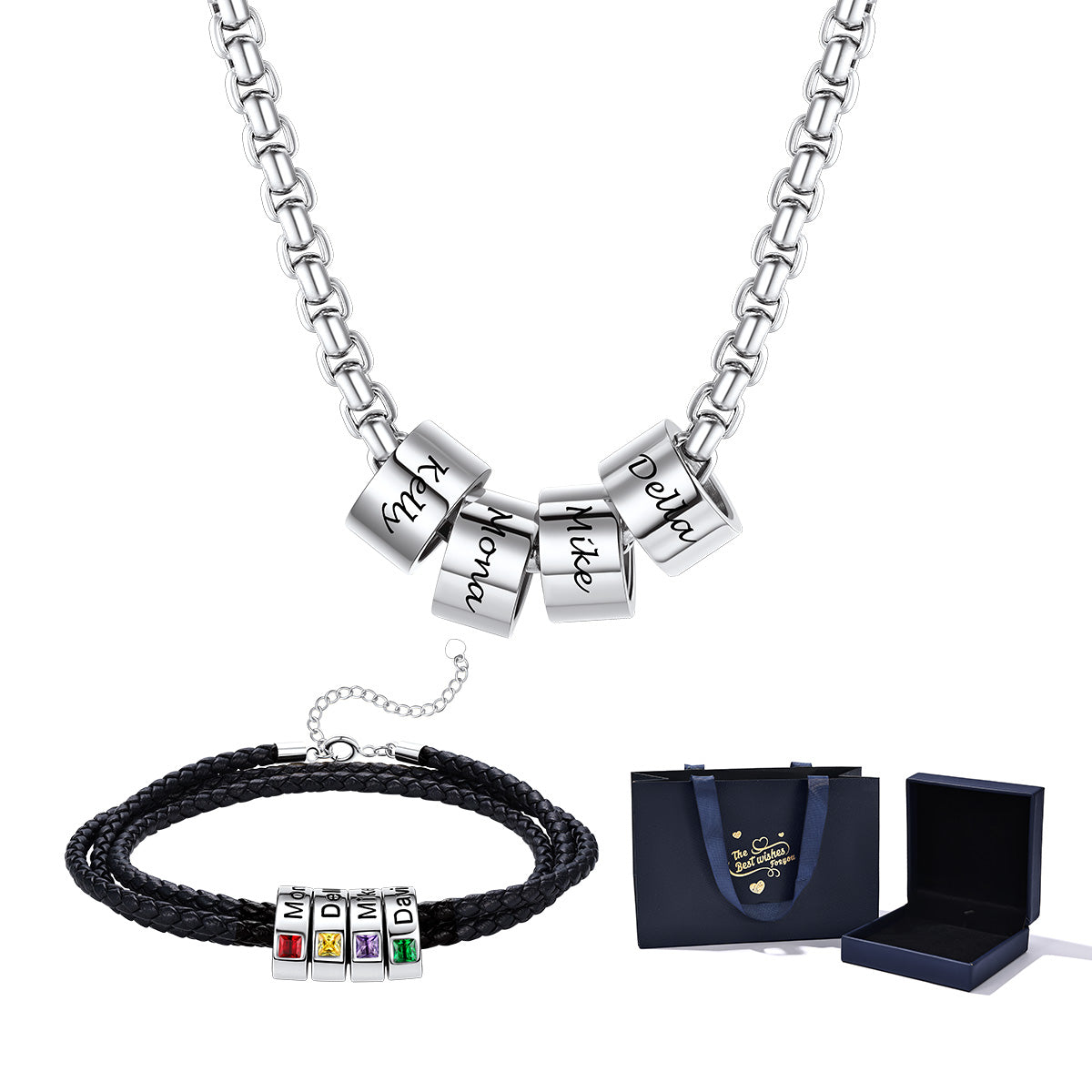 Personalized Multi Name Necklace and Birthstone Leather Bracelet Set on White Background