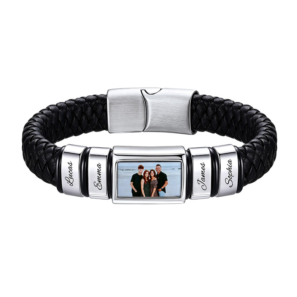 Personalized Multi‑Name Photo Engraved Braided Leather Bracelet for Men on a white background