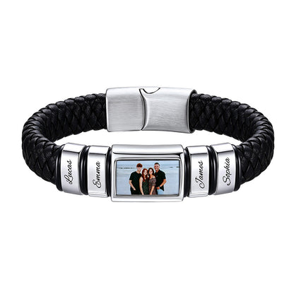 Personalized Multi‑Name Photo Engraved Braided Leather Bracelet for Men on a white background