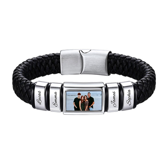 Personalized Multi‑Name Photo Engraved Braided Leather Bracelet for Men on a white background