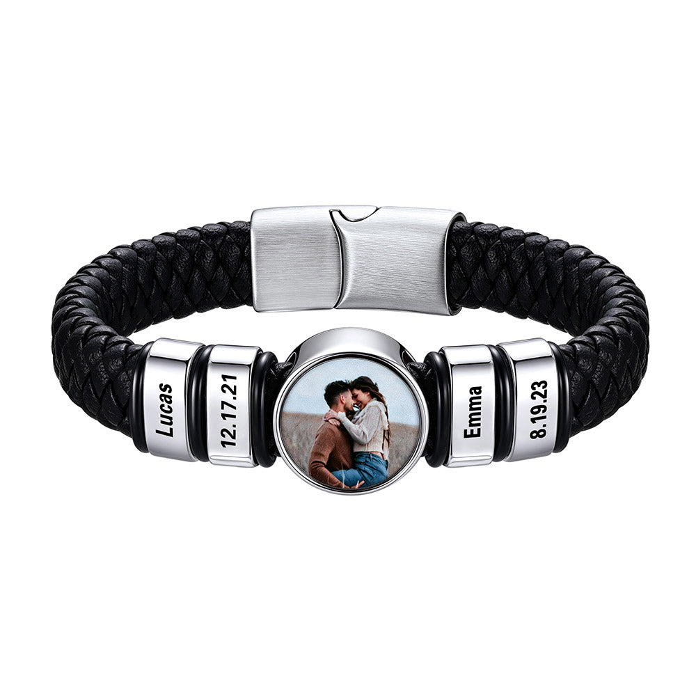 Personalized Multi‑Name Round Photo Braided Leather Bracelet for Men on a white background