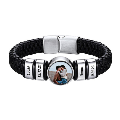 Personalized Multi‑Name Round Photo Braided Leather Bracelet for Men on a white background