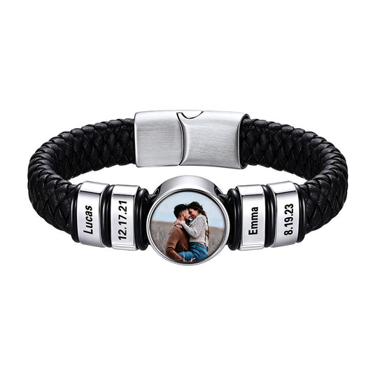 Personalized Multi‑Name Round Photo Braided Leather Bracelet for Men on a white background