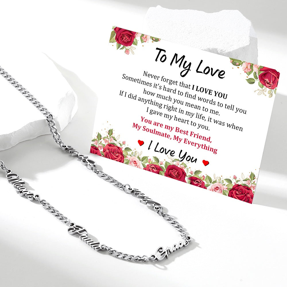 Personalized Multi Nameplate Cuban Link Necklace with greeting card
