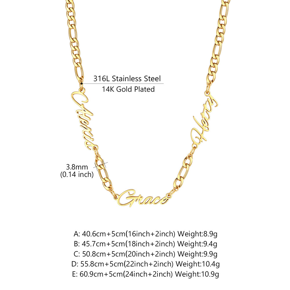 Personalized Multi Nameplate Figaro Link Necklace Dimension, Durable