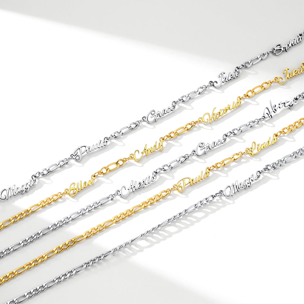 Personalized Multi Nameplate Figaro Link Necklace in different color