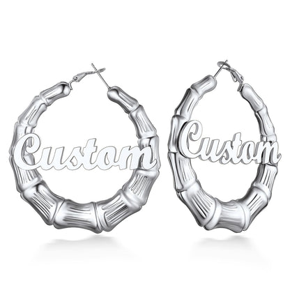 Personalized Name Bamboo Hoop Earrings 60mm
