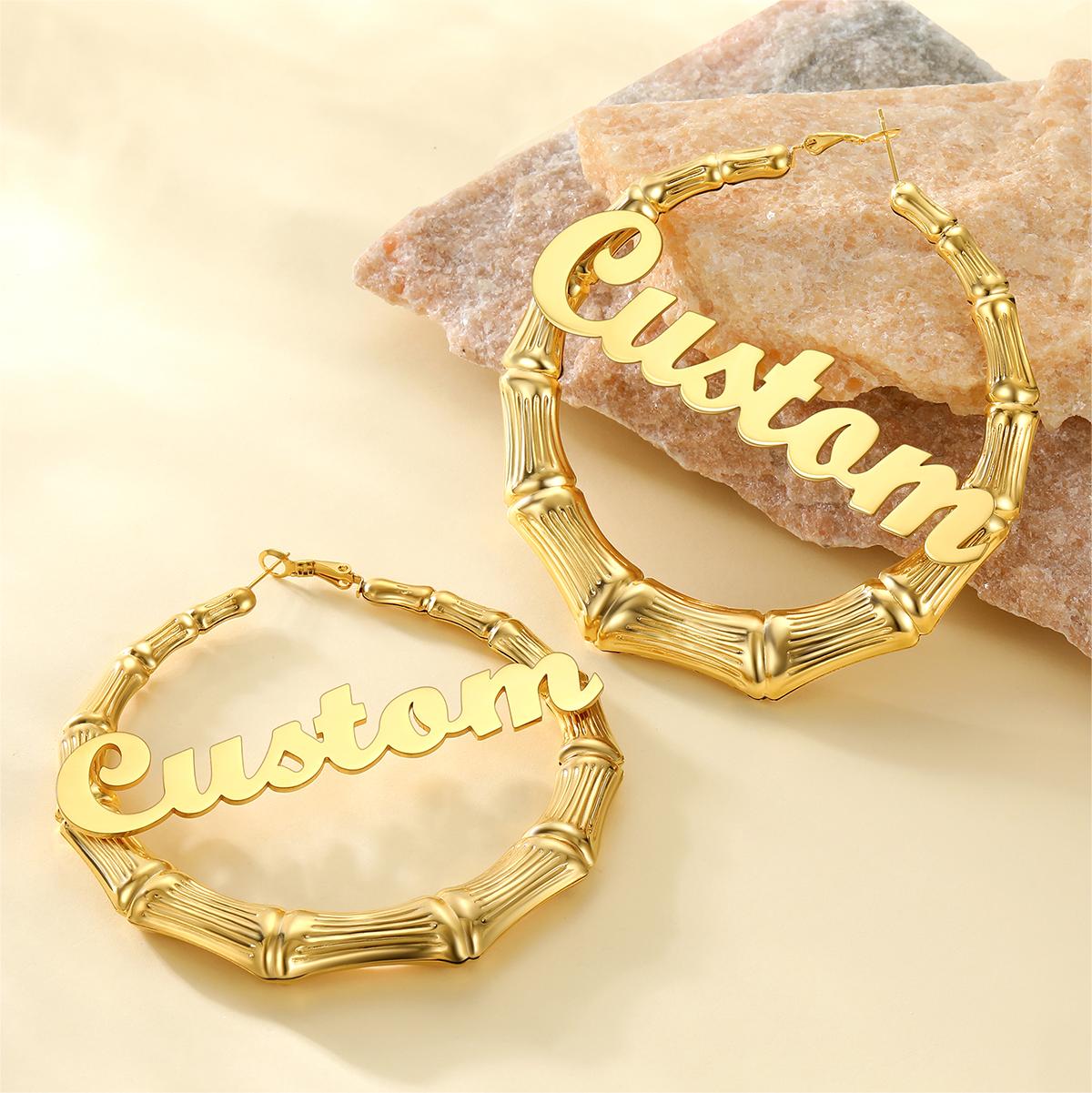 Personalized Name Bamboo Hoop Earrings in Gold Plated