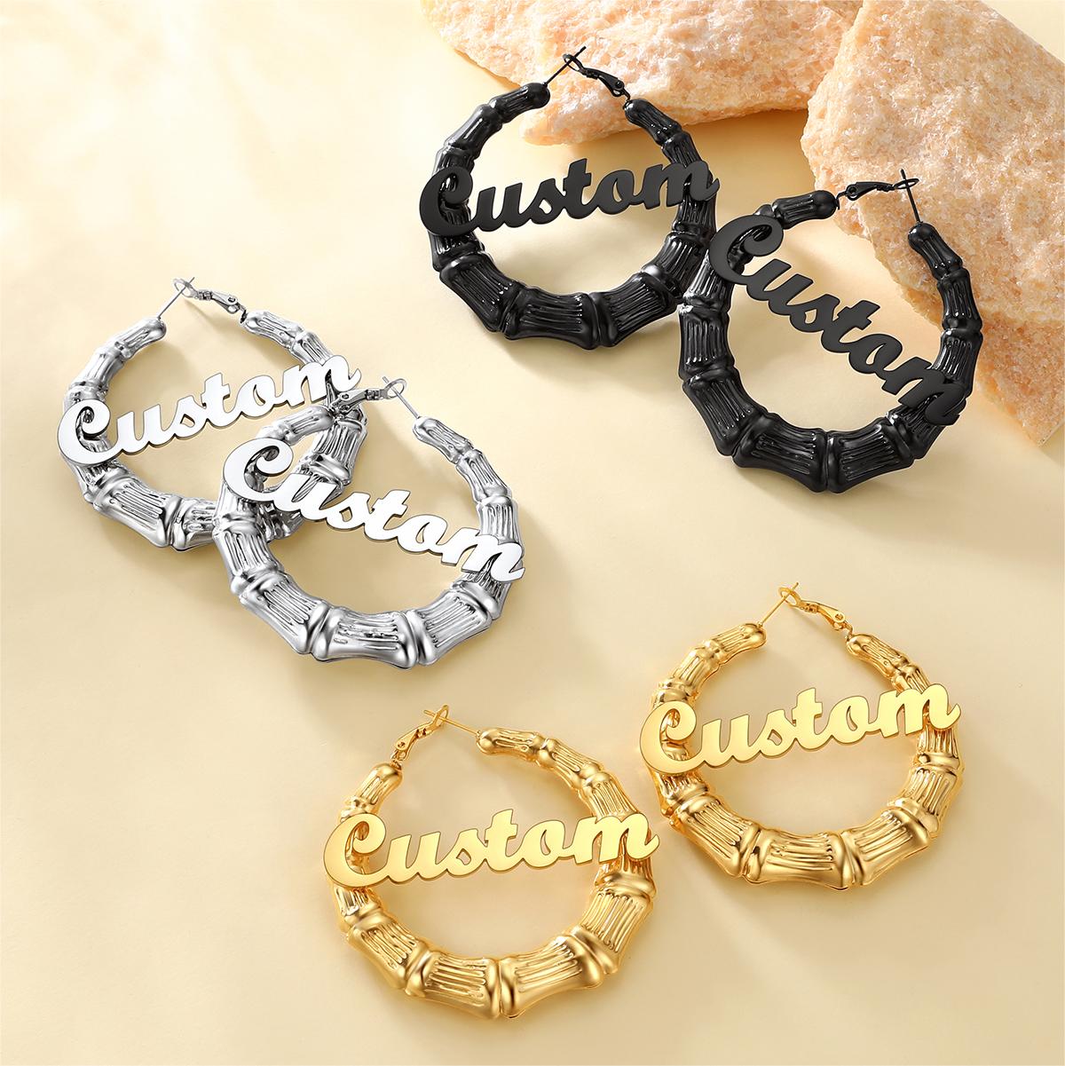 Personalized Name Bamboo Hoop Earrings in different color