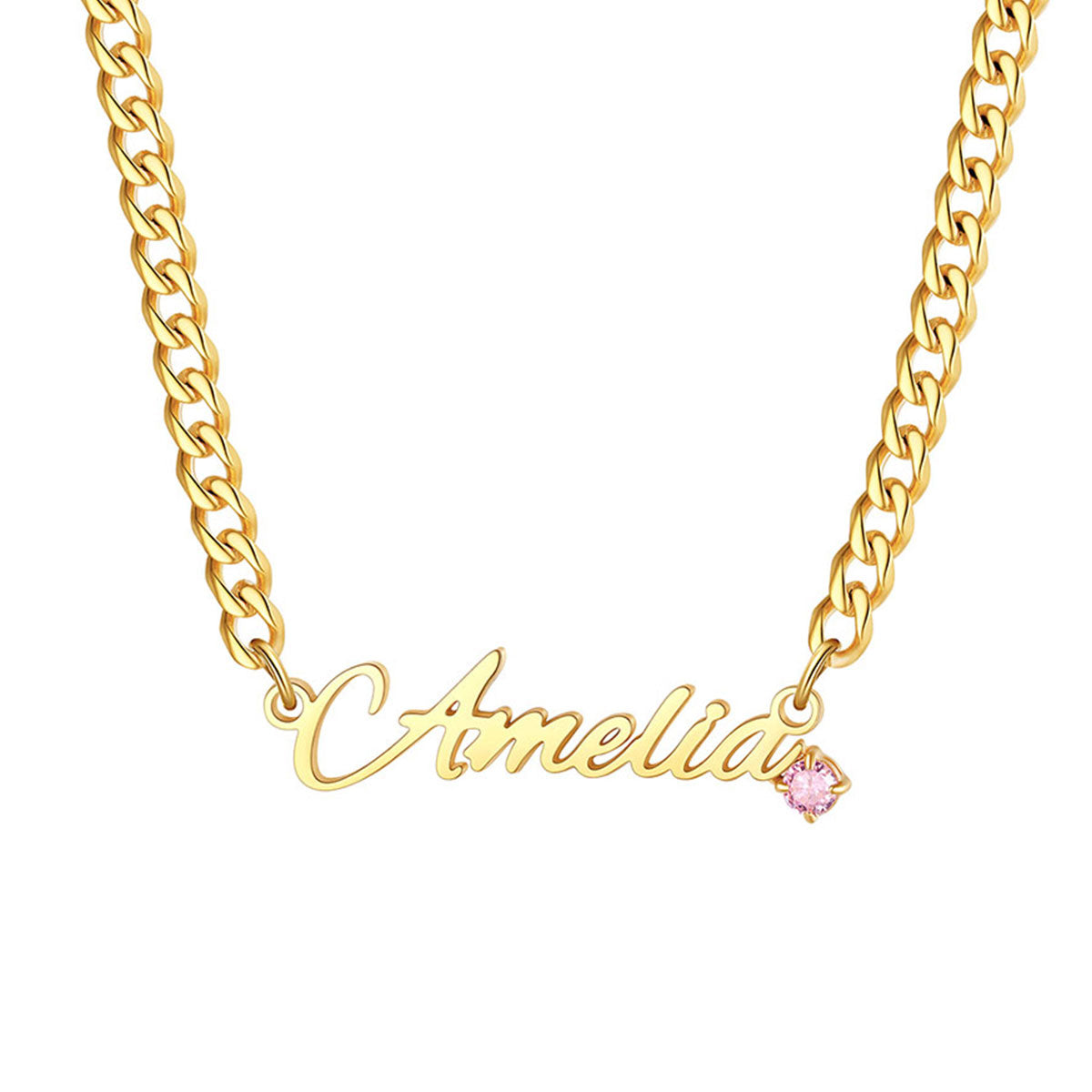 Personalized Name Birthstone Cuban Chain Necklace on a white background