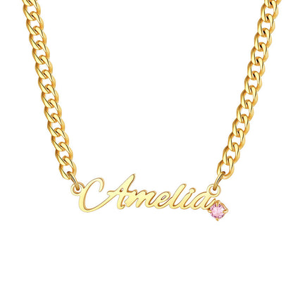 Personalized Name Birthstone Cuban Chain Necklace on a white background