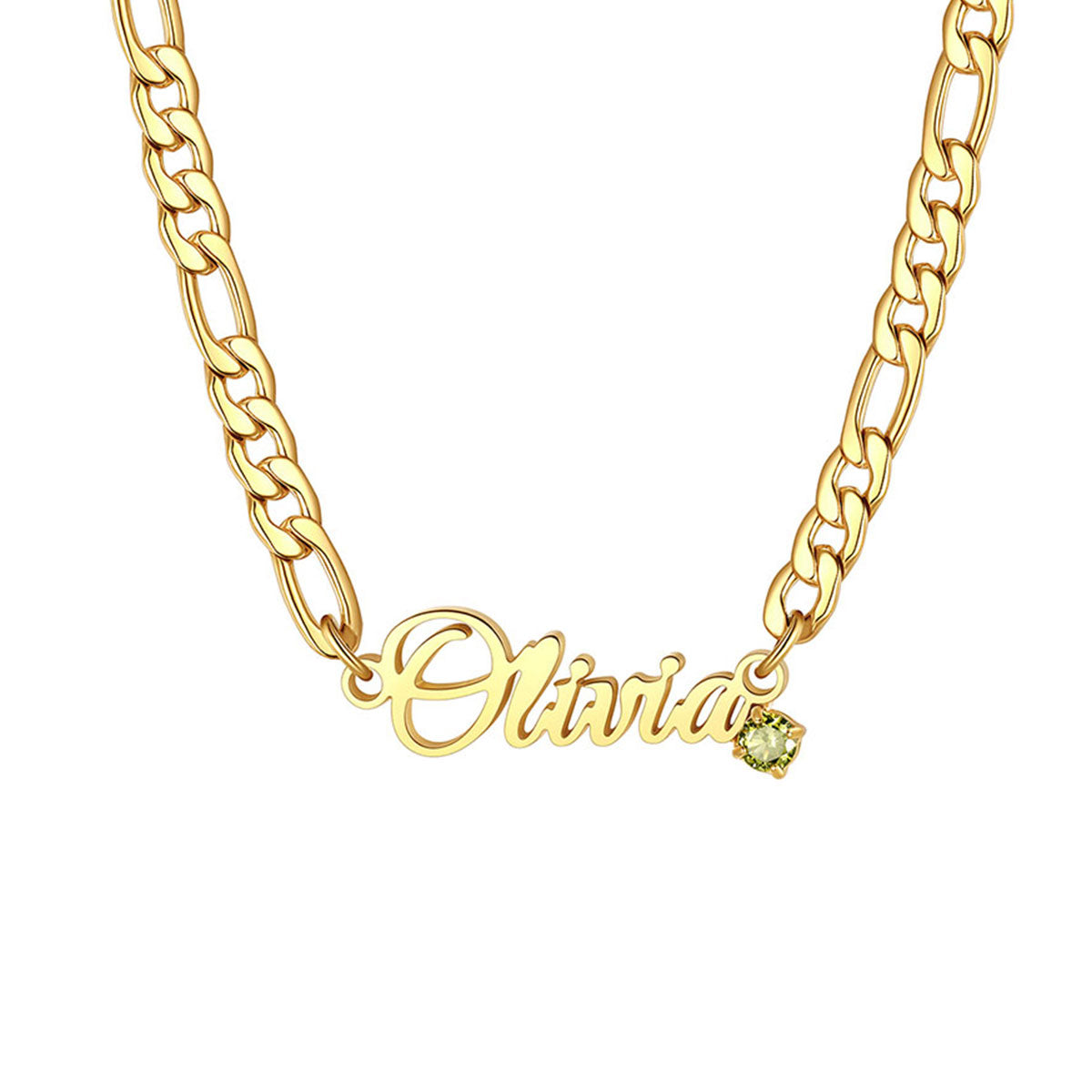 Personalized Name Birthstone Figaro Chain Necklace on a white background
