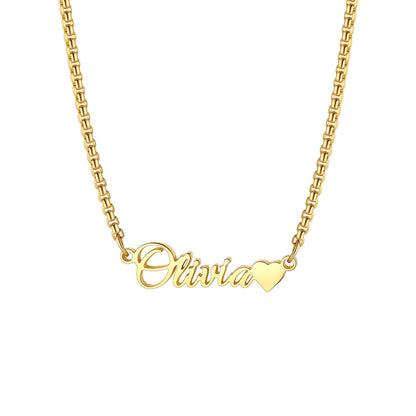 Personalized Name Box Chain Necklace with Tiny Heart for Women on a white background