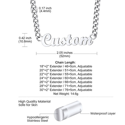 Silver necklace with 'Custom' pendant and detailed specifications on a white background