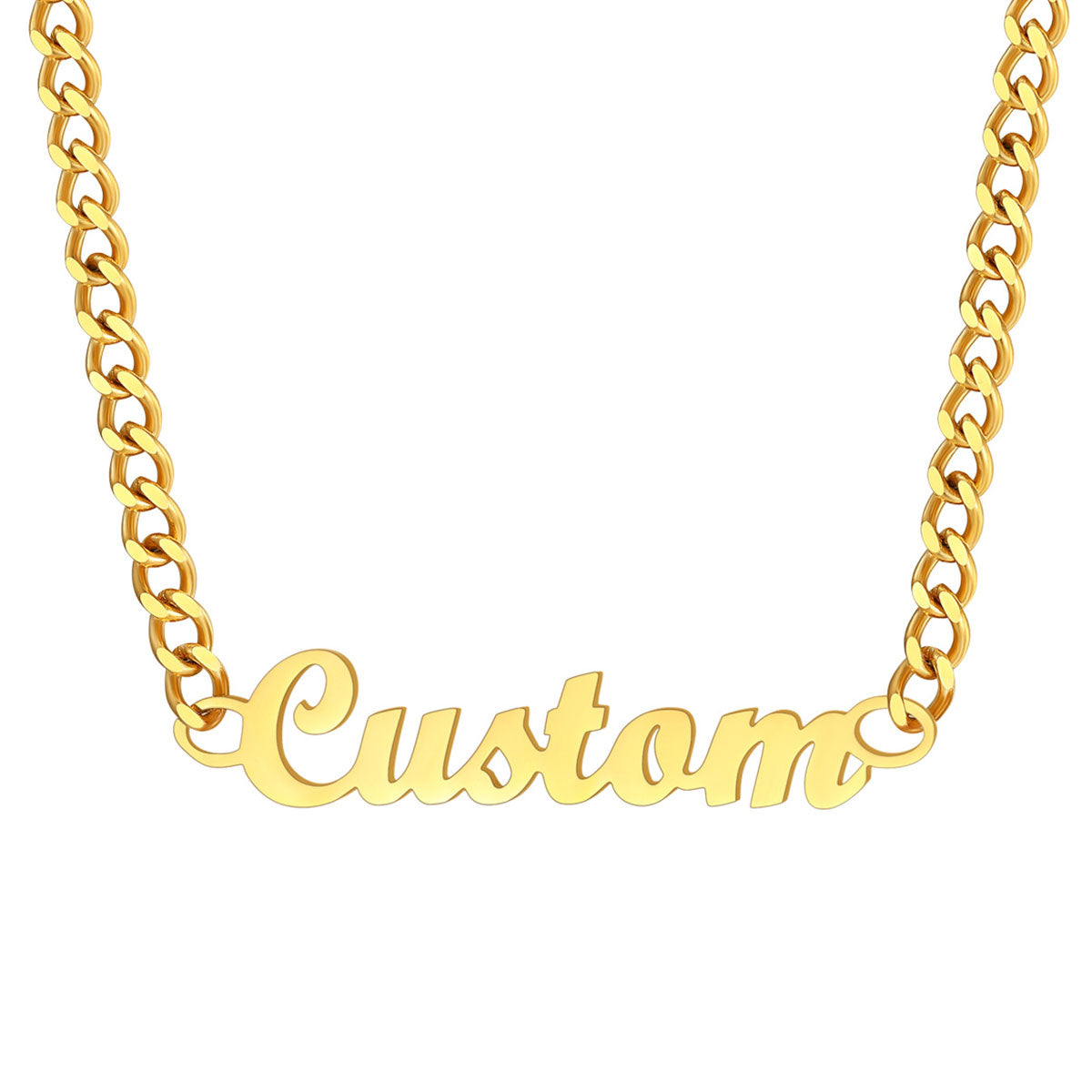Gold chain necklace with 'Custom' pendant on a white background