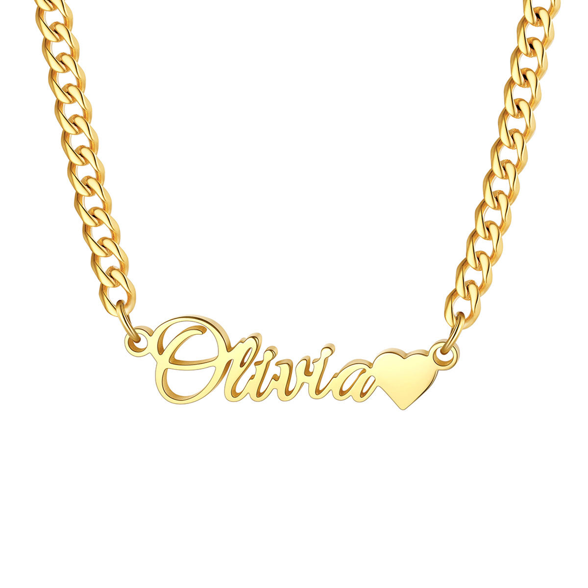 Personalized Name Cuban Figaro Chain Necklace with Mini Heart on a white background