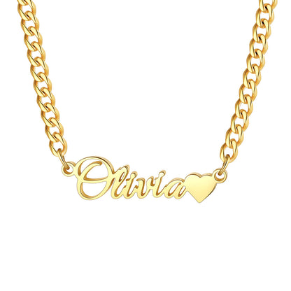 Personalized Name Cuban Figaro Chain Necklace with Mini Heart on a white background