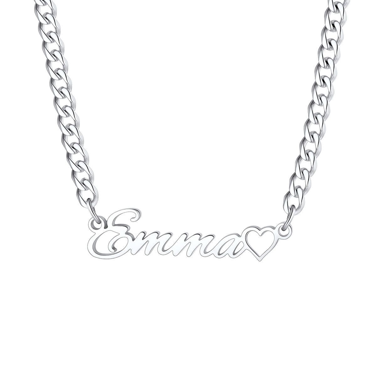 Personalized Name Cuban Link Necklace with Mini Heart  on a white background