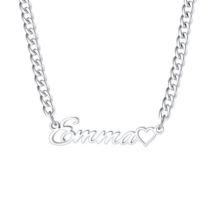 Personalized Name Cuban Link Necklace with Mini Heart  on a white background