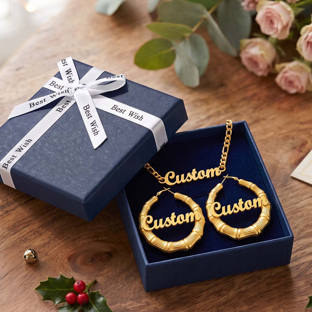 Personalized Name Figaro Chain Necklace and Bamboo Name Hoop Earrings Set with blue gift box