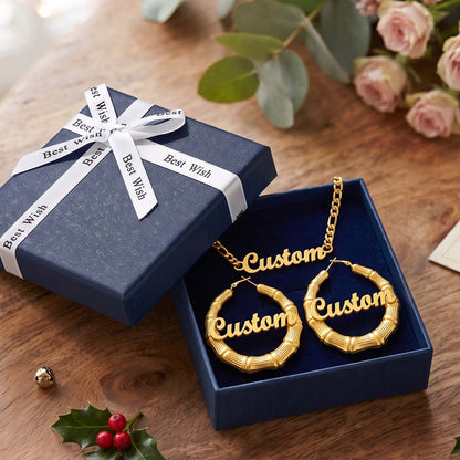 Personalized Name Figaro Chain Necklace and Bamboo Name Hoop Earrings Set with blue gift box