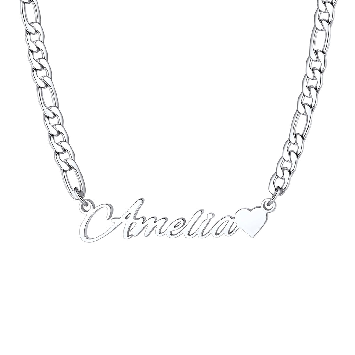 Personalized Name Figaro Chain Necklace with Mini Heart on a white background