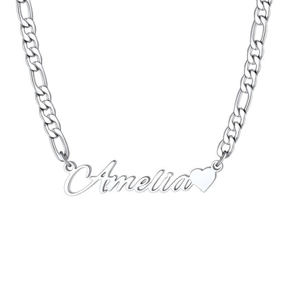 Personalized Name Figaro Chain Necklace with Mini Heart on a white background