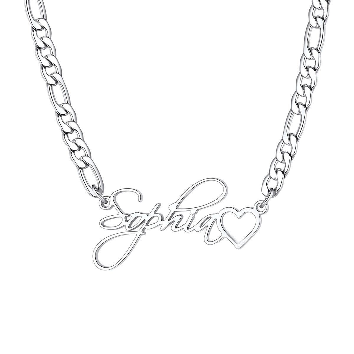 Personalized Name Figaro Link Necklace with Mini Heart  on a white background