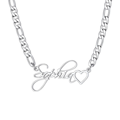 Personalized Name Figaro Link Necklace with Mini Heart  on a white background