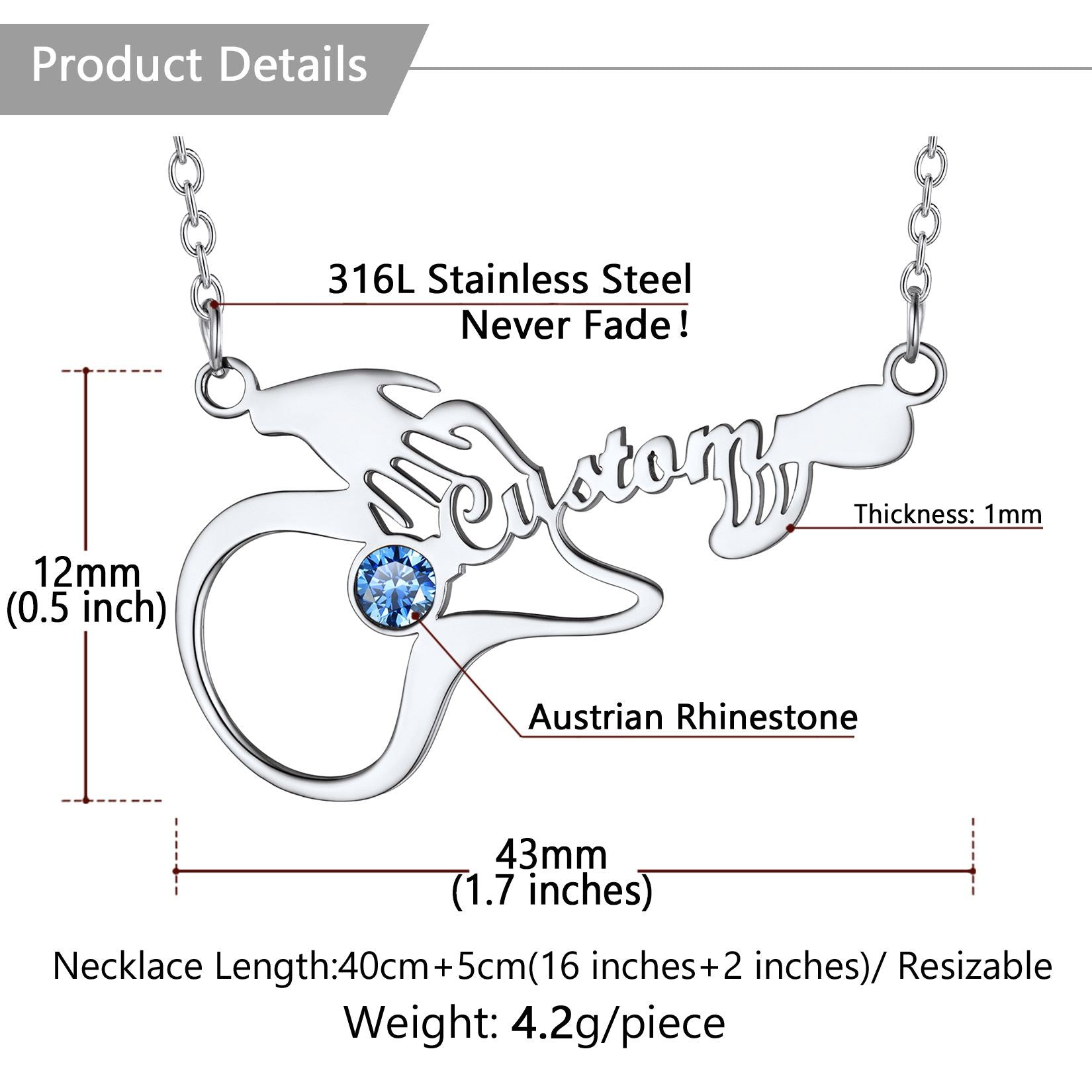 Personalized Name Guitar Birthstone Necklace Dimension, Durable