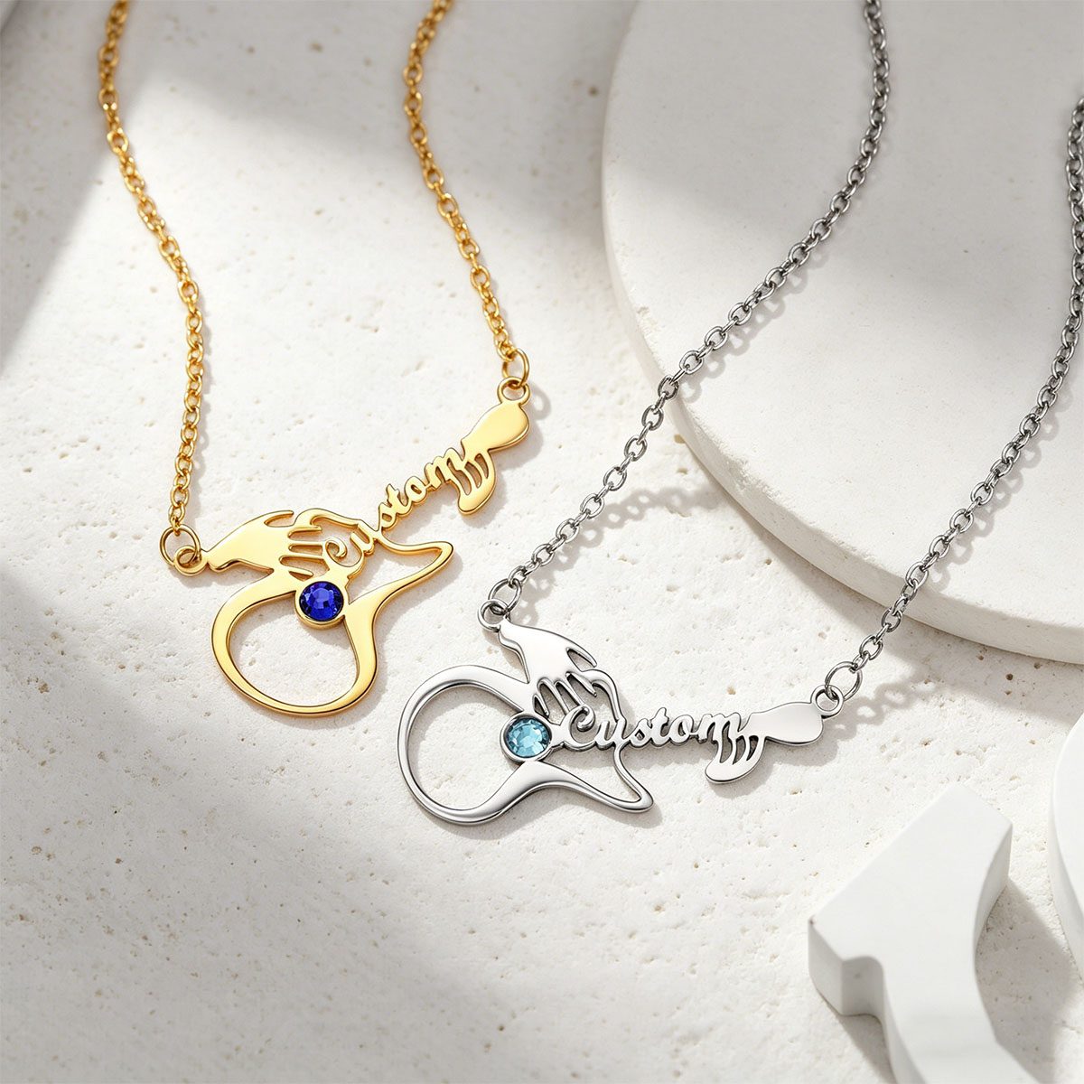 Personalized Name Guitar Birthstone Necklace in different color