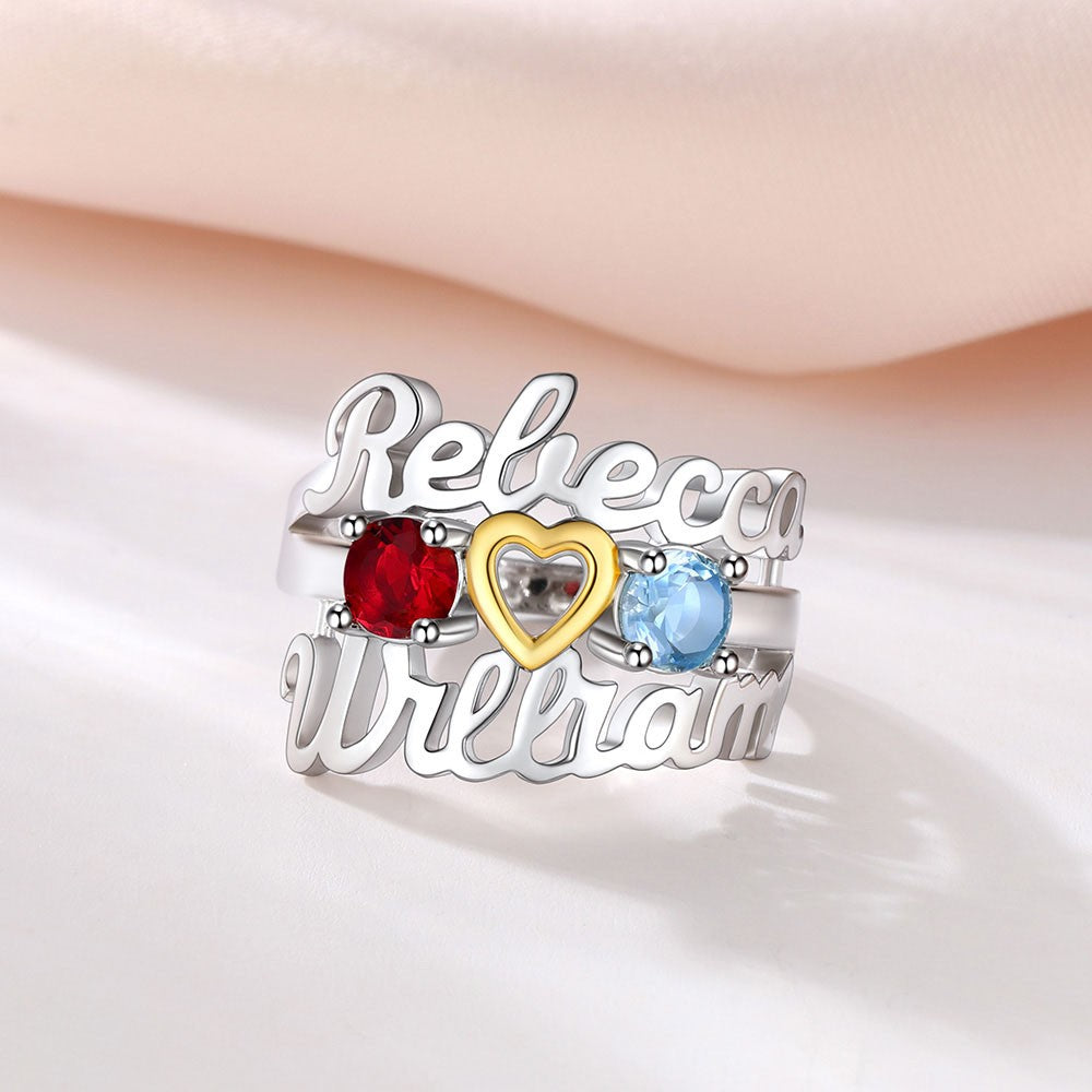 Personalized Name Heart Birthstone Rings