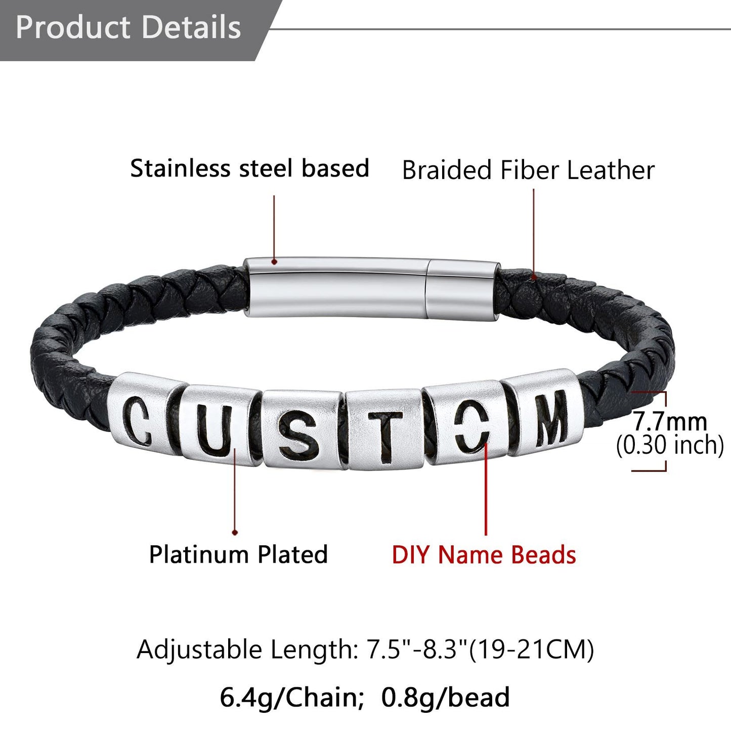 Personalized Name Initials Leather Bracelet Dimension, durable