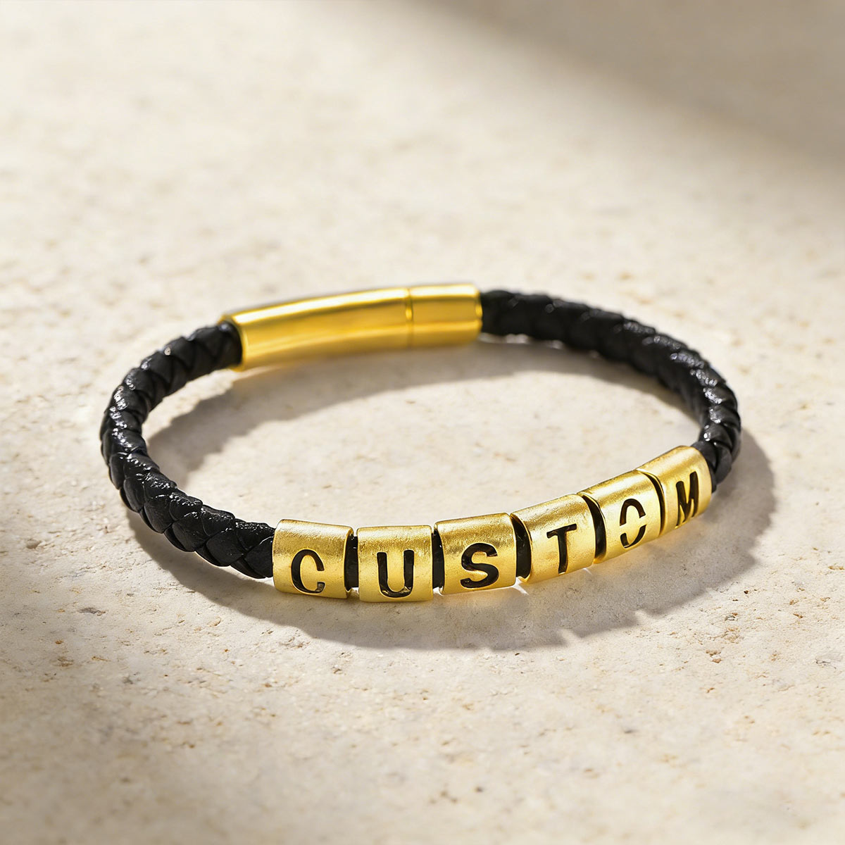 Personalized Name Initials Leather Bracelet Gold