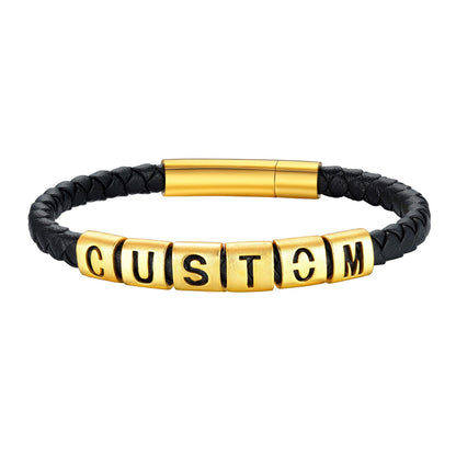 Personalized Name Initials Leather Bracelet Gold Plated