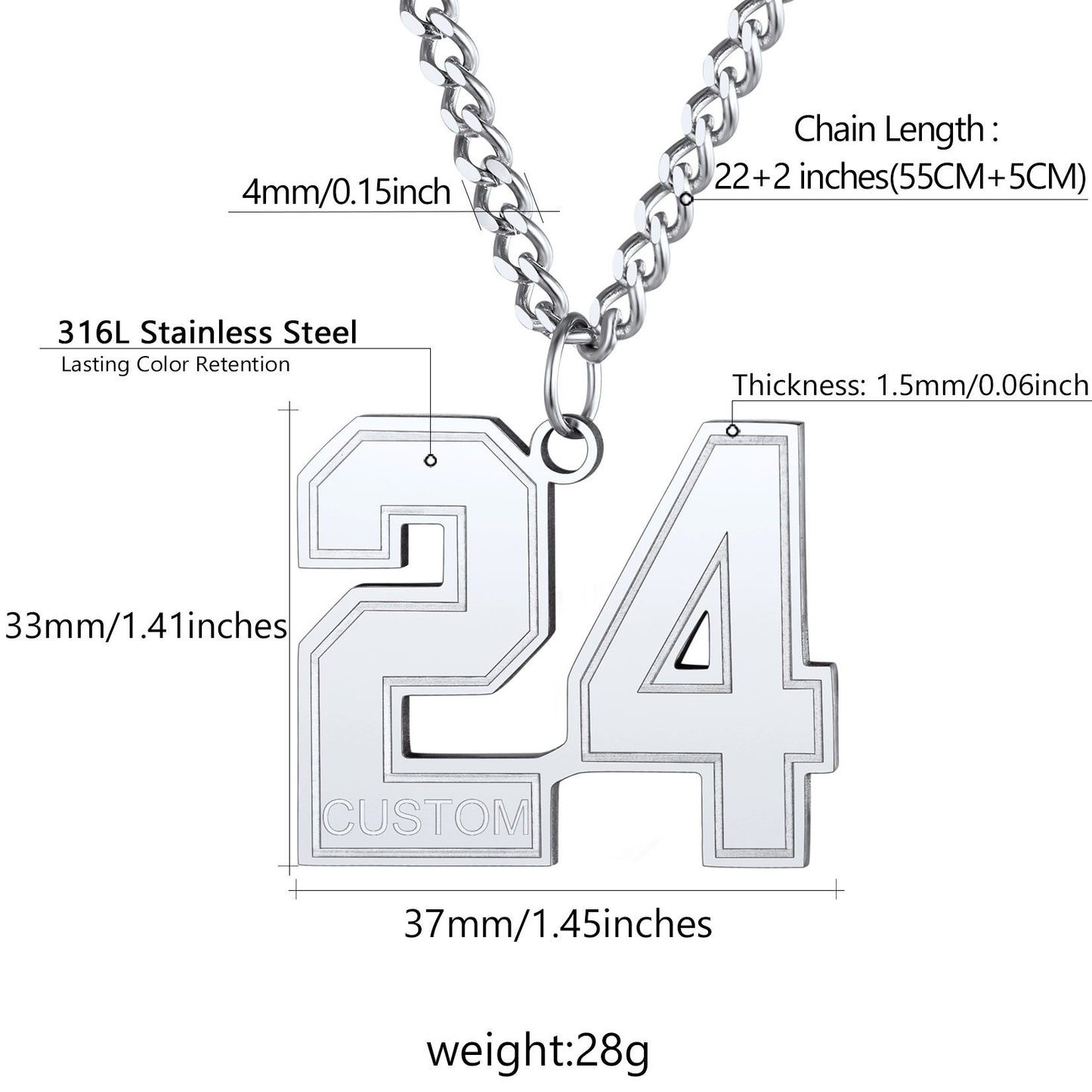Personalized Name Number Necklace Jersey Number Necklace Dimension, Durable, Solid