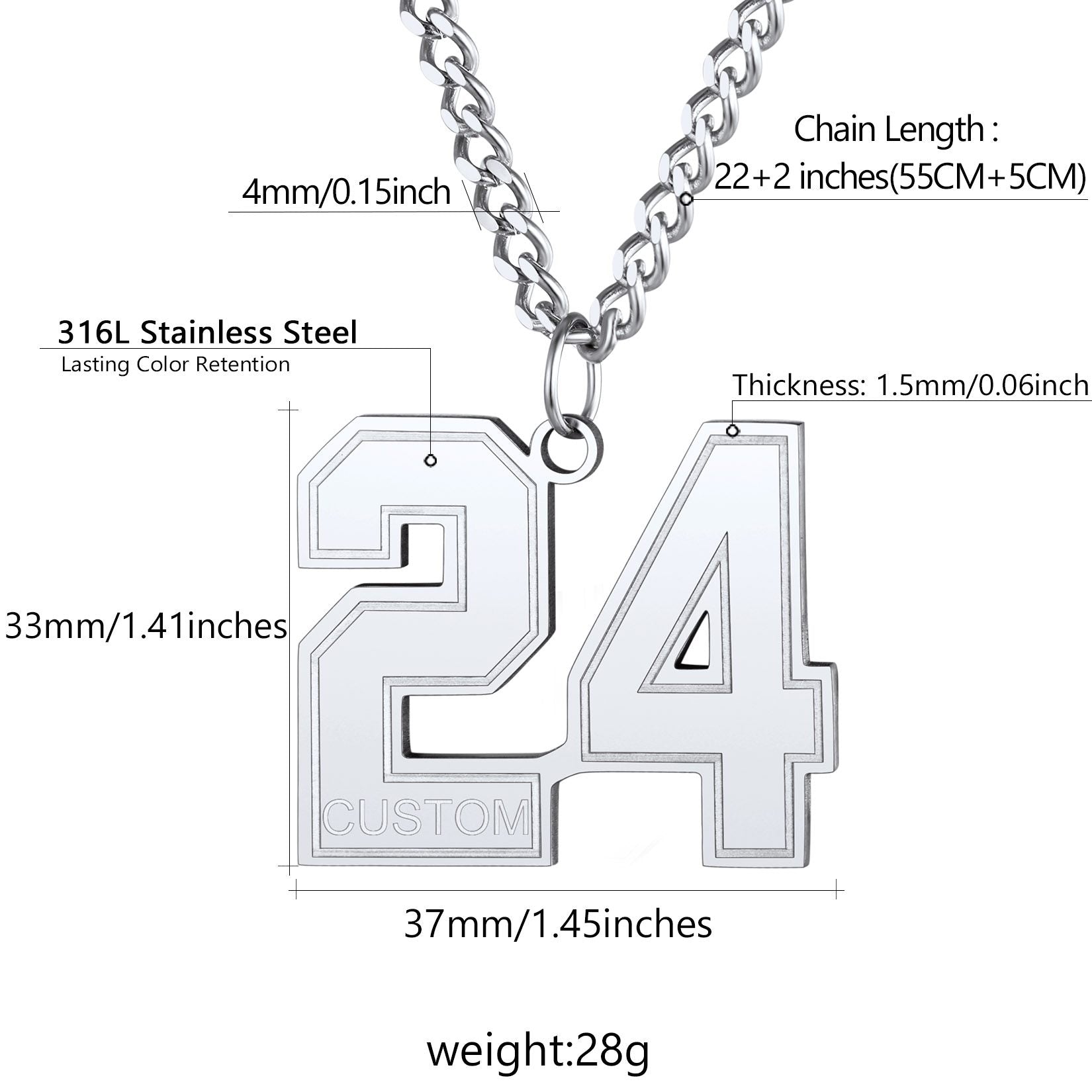 Personalized Name Number Necklace Jersey Number Necklace Dimension, Durable, Solid