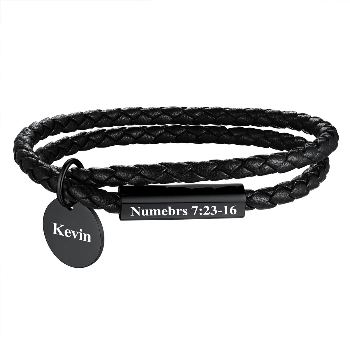 Personalized Name Plate Leather Bracelet Black Plated